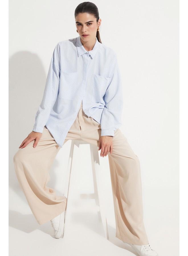 جون قميص نسائي مخطط منسوج بتفاصيل جيب أزرق - Image 3