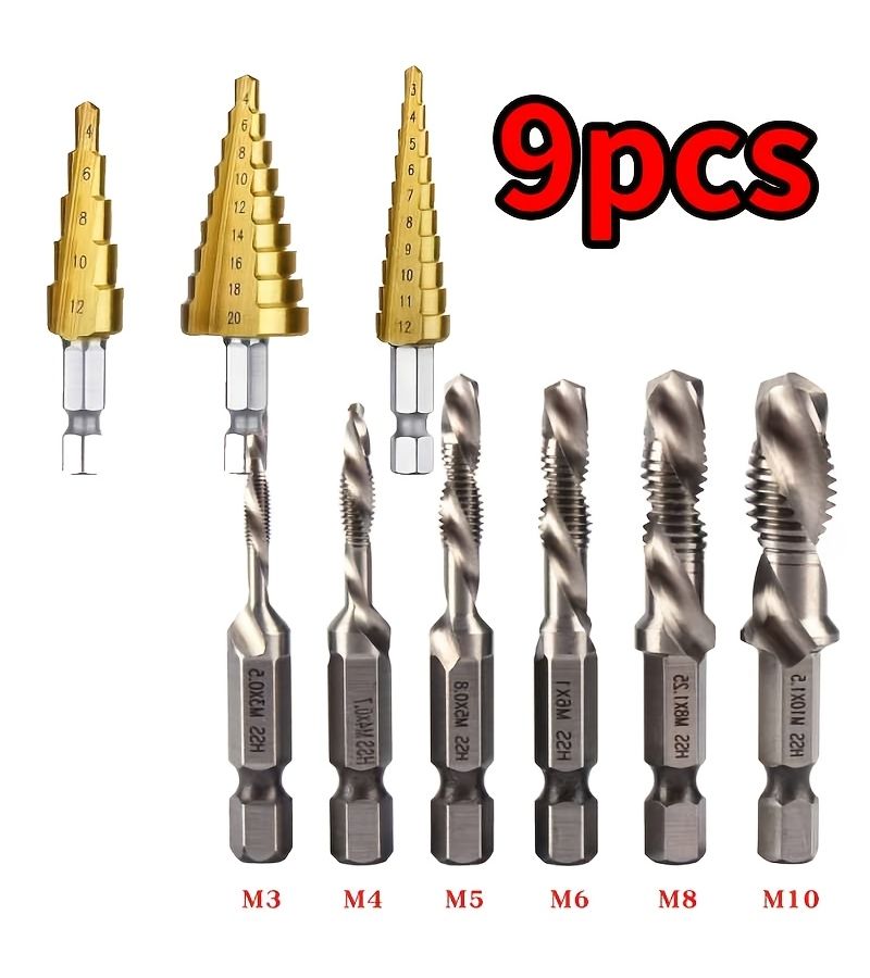 JUEMEL 9pc Hex Shank Step Drill Bit Set Silvery for Wood Drilling Reaming Tapping - Image 1