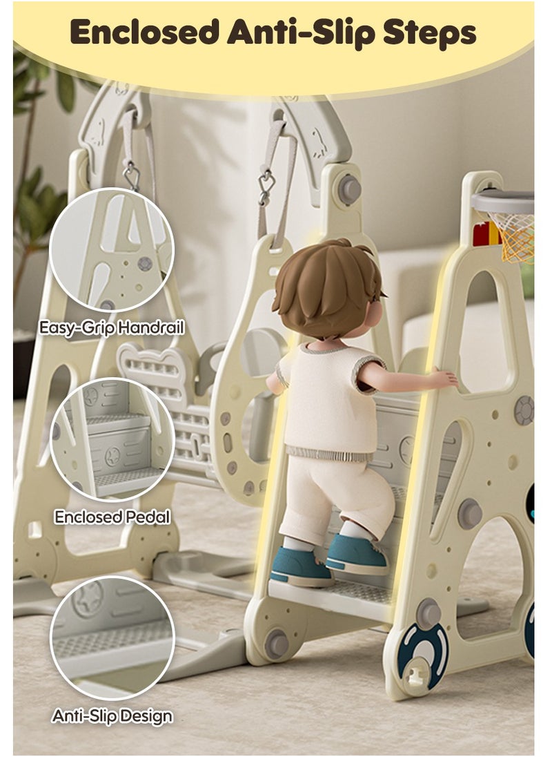 Pokuula - 4 in 1 Toddler Swing and Slide Set for Children Baby Swing Set with Slide, Basketball Hoop and Long Slide - Image 1