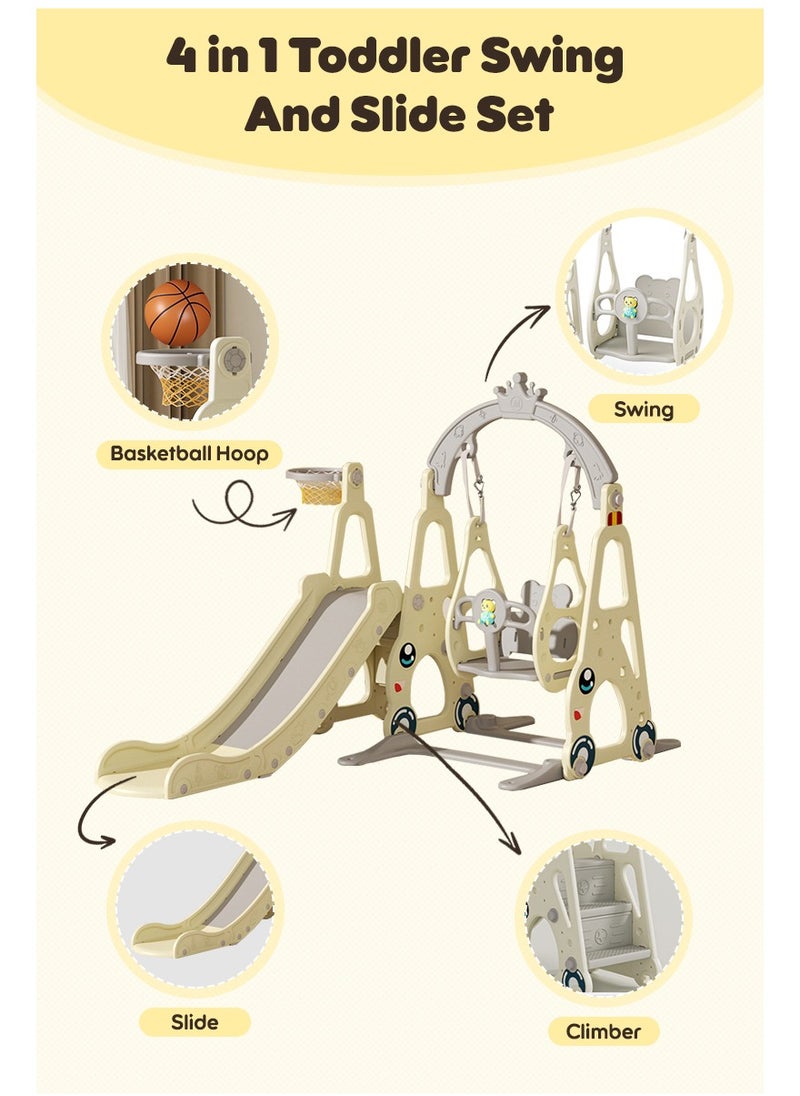 Pokuula - 4 in 1 Toddler Swing and Slide Set for Children Baby Swing Set with Slide, Basketball Hoop and Long Slide - Image 1