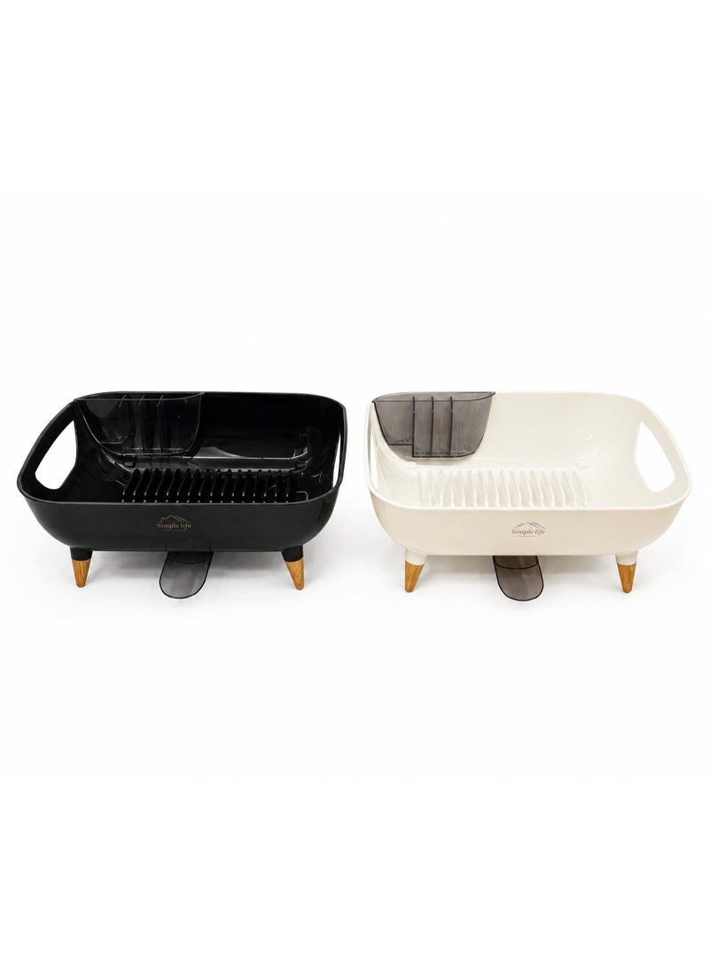 Plastic dish drainer with a draining spout and a holder for spoons and forks, with stylish legs, easy to clean, available in multiple colors. - Image 1