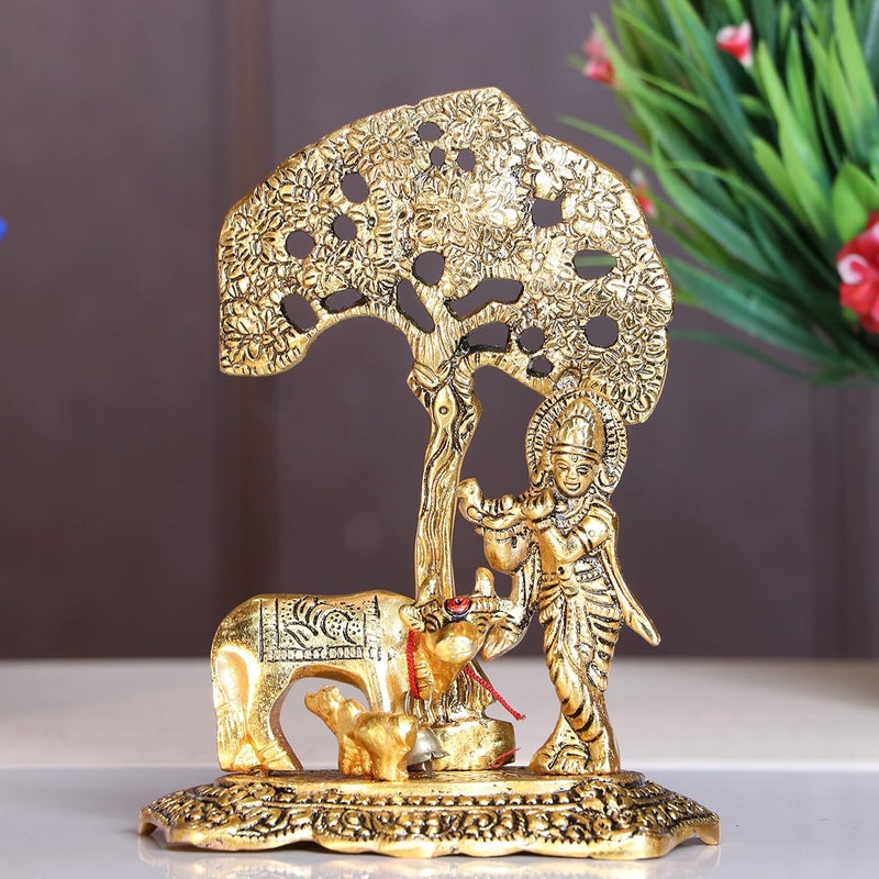 KridayKraft Prince Home Decor Gifts Metal Krishna With Cow Standing Under Tree Plying Flute Gold 125X8X16Cm 1 Piece figuresReligious - Image 2