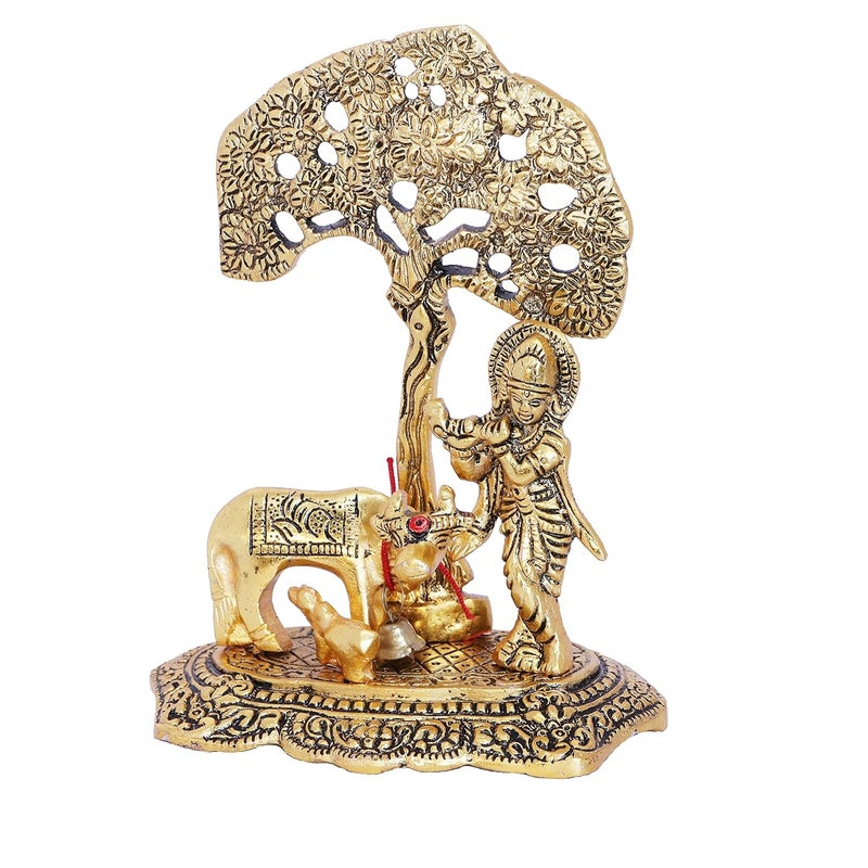 KridayKraft Prince Home Decor Gifts Metal Krishna With Cow Standing Under Tree Plying Flute Gold 125X8X16Cm 1 Piece figuresReligious - Image 5