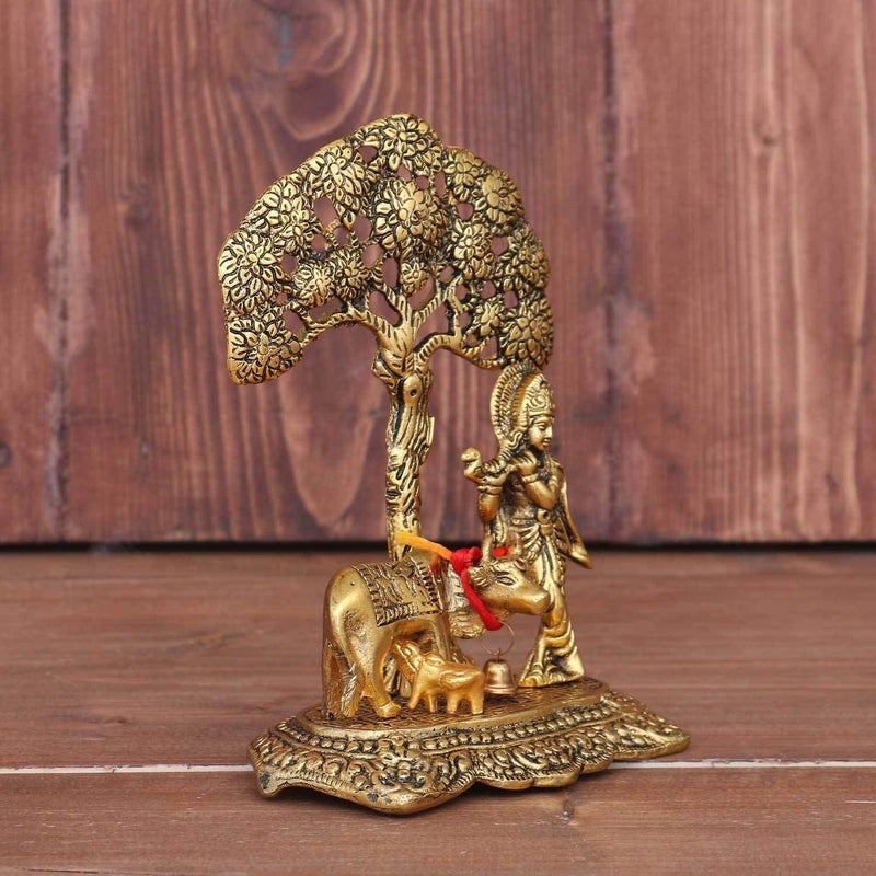 KridayKraft Prince Home Decor Gifts Metal Krishna With Cow Standing Under Tree Plying Flute Gold 125X8X16Cm 1 Piece figuresReligious - Image 3