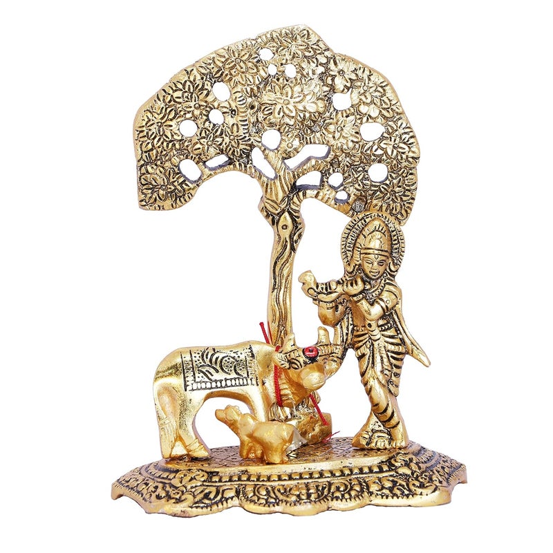 KridayKraft Prince Home Decor Gifts Metal Krishna With Cow Standing Under Tree Plying Flute Gold 125X8X16Cm 1 Piece figuresReligious - Image 4