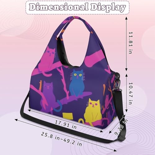 lakefvgk Yoga Gym Bag for Women Cute Cat Gym Bag with Yoga Mat Holder Purple Duffel Bag Sport Bag with Shoe Compartment and Wet Dry Storage Pockets Suitable for Gym Travel Pilates and Beach - Image 3