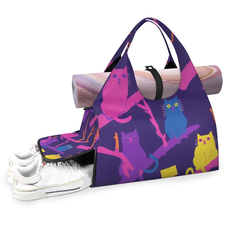 lakefvgk Yoga Gym Bag for Women Cute Cat Gym Bag with Yoga Mat Holder Purple Duffel Bag Sport Bag with Shoe Compartment and Wet Dry Storage Pockets Suitable for Gym Travel Pilates and Beach - Image 2