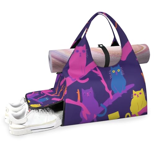 lakefvgk Yoga Gym Bag for Women Cute Cat Gym Bag with Yoga Mat Holder Purple Duffel Bag Sport Bag with Shoe Compartment and Wet Dry Storage Pockets Suitable for Gym Travel Pilates and Beach - Image 1