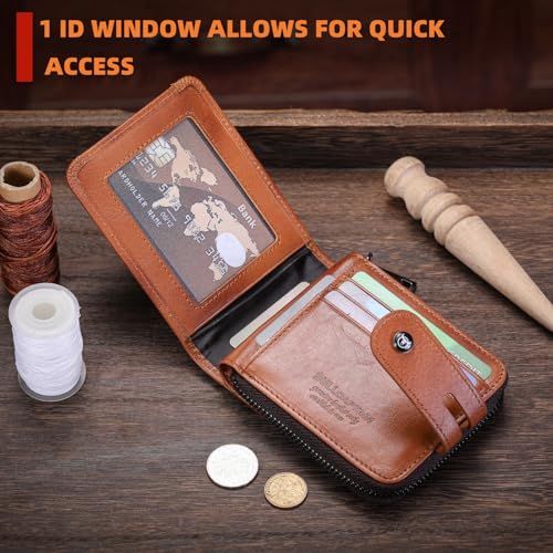 BULLCAPTAIN Genuine Leather Men's Wallet with Zipper Vintage RFID Blocking Large Capacity Wallet for Men with 14 Credit Card Slots and 1 ID Window T23 (Brown) - Image 3