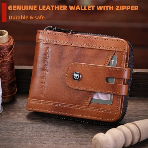 BULLCAPTAIN Genuine Leather Men's Wallet with Zipper Vintage RFID Blocking Large Capacity Wallet for Men with 14 Credit Card Slots and 1 ID Window T23 (Brown) - Image 2