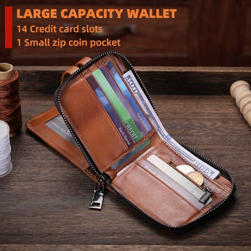 BULLCAPTAIN Genuine Leather Men's Wallet with Zipper Vintage RFID Blocking Large Capacity Wallet for Men with 14 Credit Card Slots and 1 ID Window T23 (Brown) - Image 4