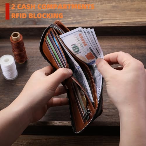 BULLCAPTAIN Genuine Leather Men's Wallet with Zipper Vintage RFID Blocking Large Capacity Wallet for Men with 14 Credit Card Slots and 1 ID Window T23 (Brown) - Image 5