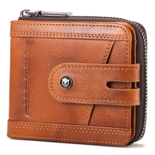 BULLCAPTAIN Genuine Leather Men's Wallet with Zipper Vintage RFID Blocking Large Capacity Wallet for Men with 14 Credit Card Slots and 1 ID Window T23 (Brown) - Image 1