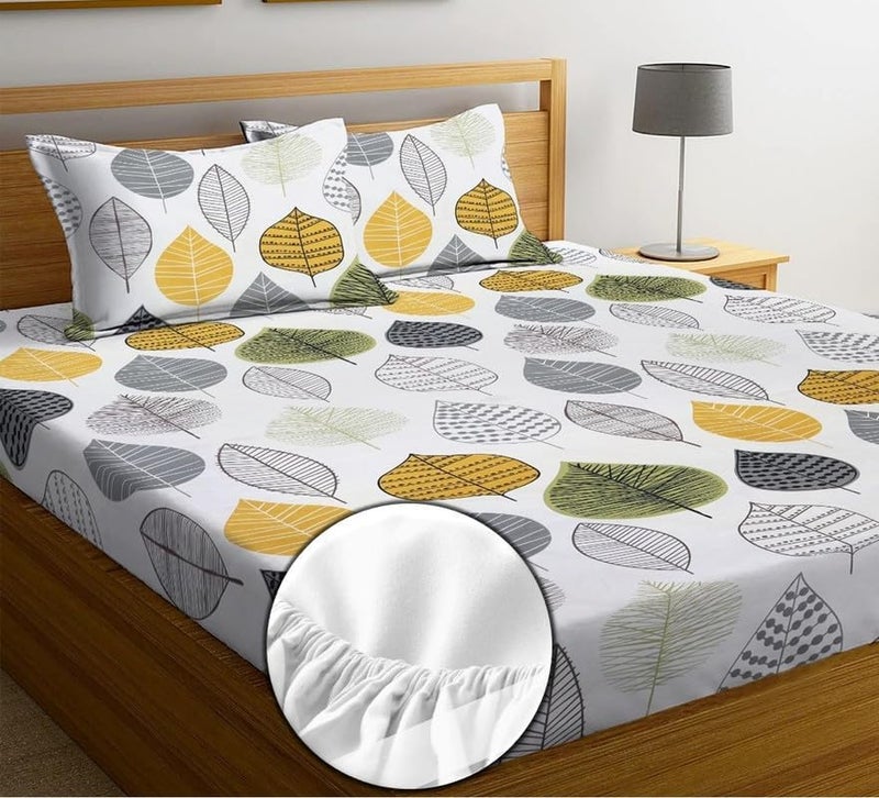 NEW LEAF Premium Cotton 210tc Elastic Fitted Bedsheets with 2 Pillow Covers | Double/King Bed with All Around Elastic Wrinklefree Supersoft Breathable |Size-78 x72+8 inches |Floral, White and Grey - Image 2