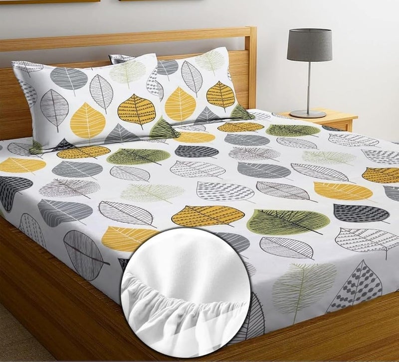 NEW LEAF Premium Cotton 210tc Elastic Fitted Bedsheets with 2 Pillow Covers | Double/King Bed with All Around Elastic Wrinklefree Supersoft Breathable |Size-78 x72+8 inches |Floral, White and Grey - Image 3