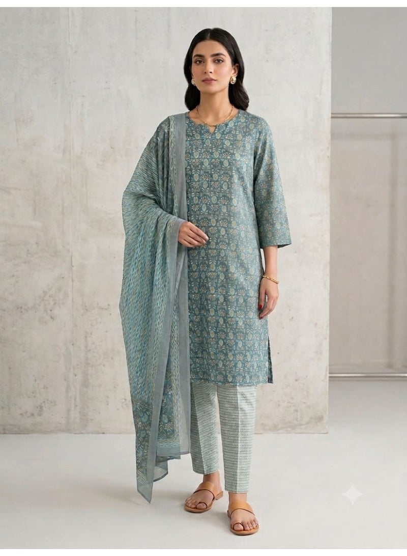 Women's Teal Green Printed 3-Piece Kurti Set with Trousers and Dupatta