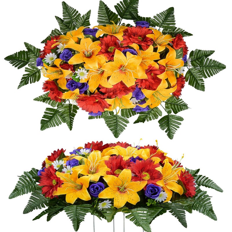 XONOR Artificial Headstone Flower Saddles for Graves, Cemetery Memorial Flowers for Outdoor Tombstone Decorations, Lily Rose Gerbera Mixed Saddle Flowers (Orange Lily, Saddle) - Image 1