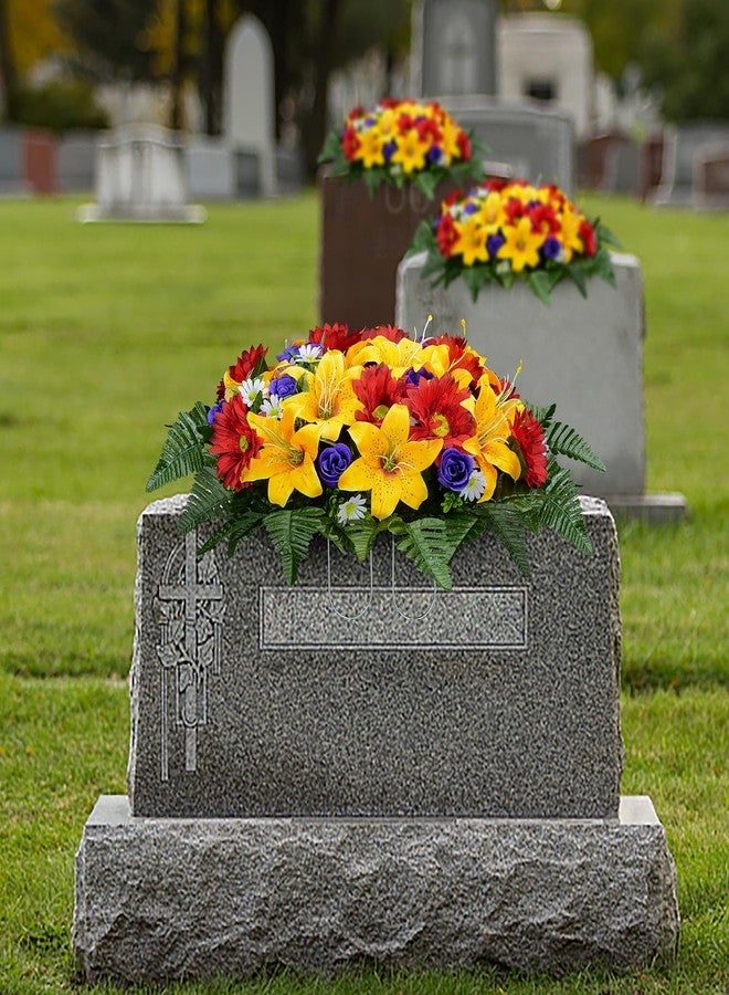 XONOR Artificial Headstone Flower Saddles for Graves, Cemetery Memorial Flowers for Outdoor Tombstone Decorations, Lily Rose Gerbera Mixed Saddle Flowers (Orange Lily, Saddle) - Image 4