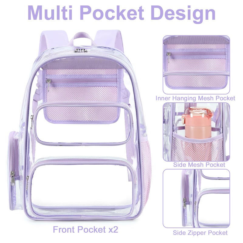 BTOOP Clear Backpack Heavy Duty Transparent Backpack 17" See Through Bookbag for College Work Festival Security Padded Strap (Purple) - Image 3