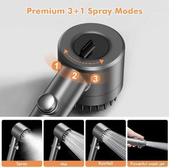 FEELSO Hard Water Filter Shower Head High Pressure with 1.5m Hose +3 Replacement Filters Grey 3+1 Spray Jet Modes Handheld Massage Shower Head with 15 Stage Filter for Residual Chlorine Remove & Reduce Dry Itchy Skin - Image 1