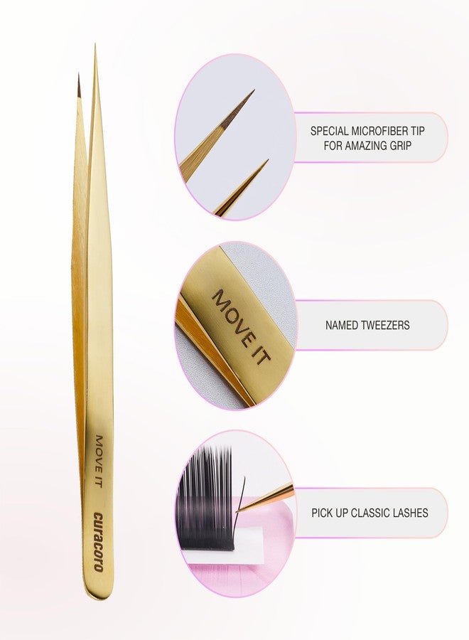 Curacoro Lash Tweezer - Professional & Precision Fiber Tip Grip Lash Tweezers for Eyelash Extensions, Multi Shapes & Purposes Tweezers for Volume, Isolation & Classic Lashes (Gold, Move It - Image 2