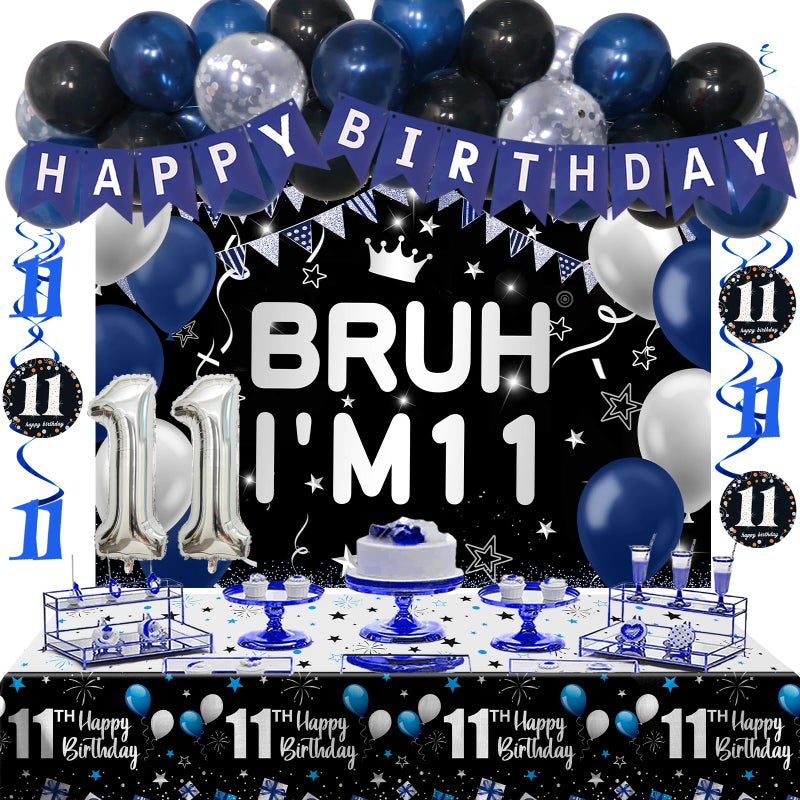 Nigifter 11th Birthday Decorations for Boys Girls 54 PCS Blue Black Party Decorations 11 Year Old Boy Birthday Party Supplie with Banner Backdrop Hanging Swirls Tablecloth Bruh Im 11 Party Supplies - Image 3