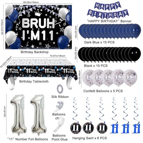 Nigifter 11th Birthday Decorations for Boys Girls 54 PCS Blue Black Party Decorations 11 Year Old Boy Birthday Party Supplie with Banner Backdrop Hanging Swirls Tablecloth Bruh Im 11 Party Supplies - Image 5