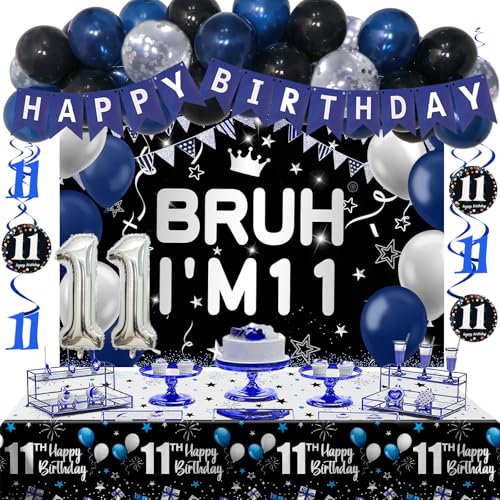 Nigifter 11th Birthday Decorations for Boys Girls 54 PCS Blue Black Party Decorations 11 Year Old Boy Birthday Party Supplie with Banner Backdrop Hanging Swirls Tablecloth Bruh Im 11 Party Supplies - Image 1