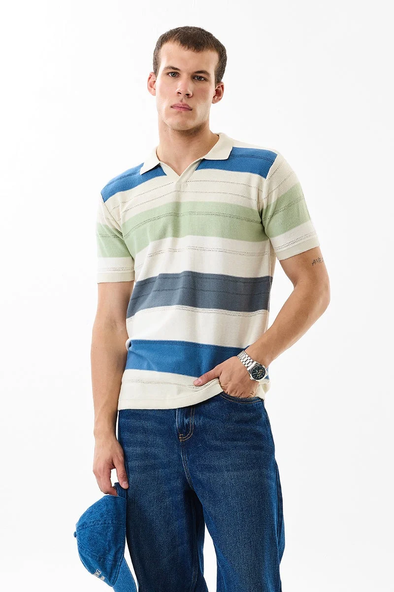 سنيتش Beige Striped Half Sleeve Slim Fit T-Shirt