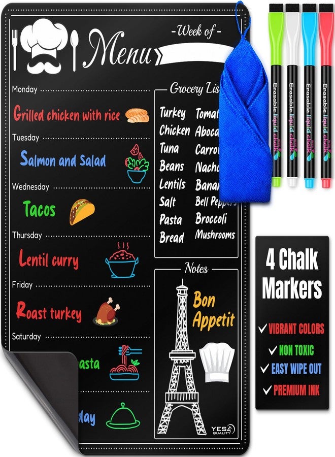 YES4QUALITY Magnetic Dry Erase Menu Board for Fridge (16x12) - Weekly Meal Planner Blackboard w/ 4 Magnetic Chalk Markers & Wiping Cloth - Chalkboard Organizer for Dinner Menus & Grocery Lists by Yes4Quality - Image 1