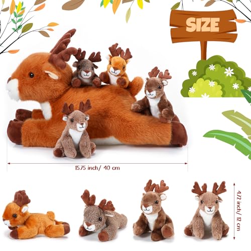 Poen Plush Deer Stuffed Animal Set 16 Inch Cuddly Mommy Deer Plush with 4 Cute Little Plushes in Her Zippered Tummy for Kids Birthday Baby Shower Decor Gift Woodland Party FavorsLying - Image 5