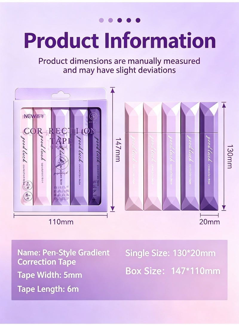 INKO 5 Pcs Correction Tape Set, Correction Tape Pen, White Tape Pen Smooth Pull Out,Pen Style Gradient Purple White Out Tape for Students ,PET Tear Resistant, for Students School Office Supplies - Image 4
