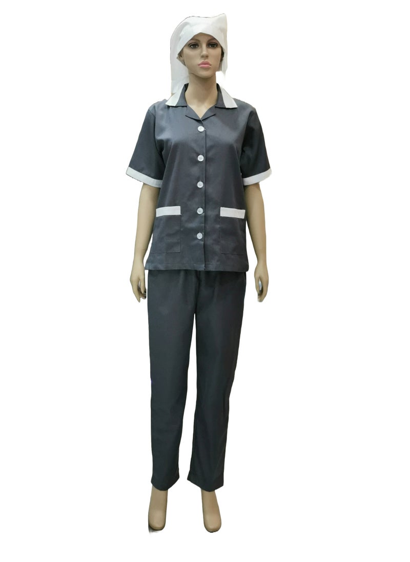 Rannah's Uniform - Maid Uniform with Buttons Top and Pants Grey Domestic Helper Uniform - Image 1