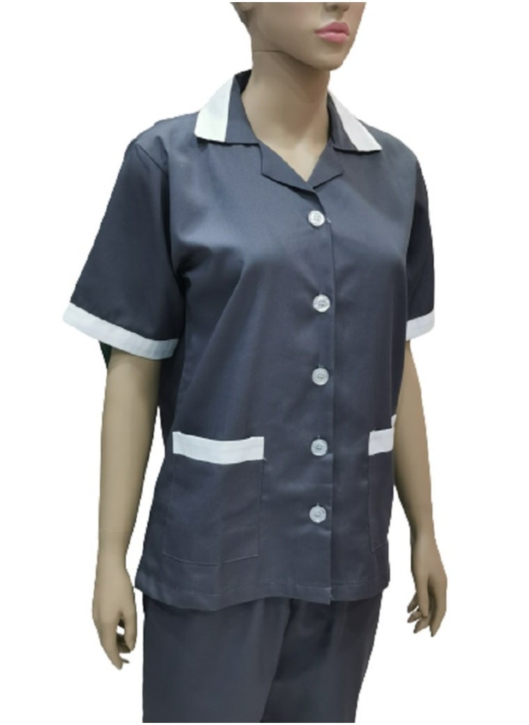 Rannah's Uniform - Maid Uniform with Buttons Top and Pants Grey Domestic Helper Uniform - Image 1