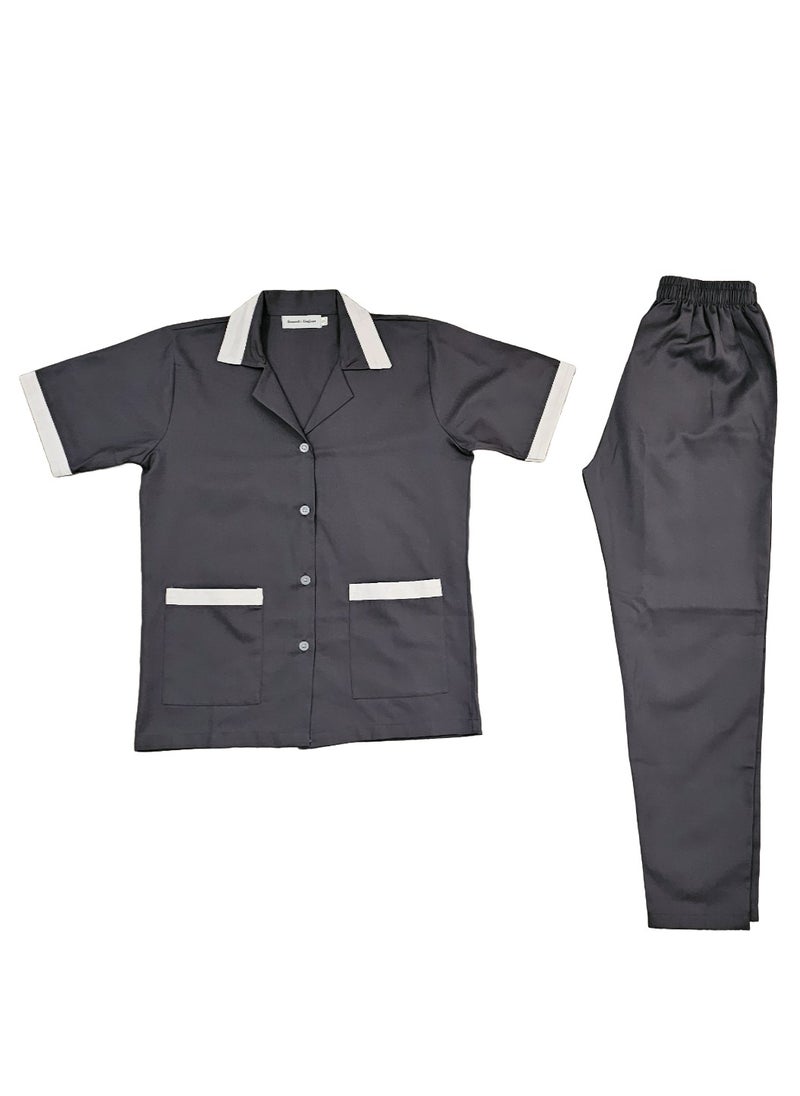 Rannah's Uniform - Maid Uniform with Buttons Top and Pants Grey Domestic Helper Uniform - Image 1