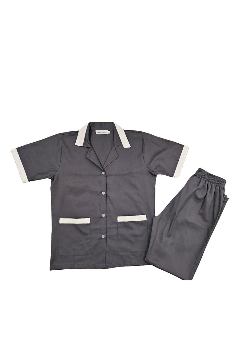Rannah's Uniform - Maid Uniform with Buttons Top and Pants Grey Domestic Helper Uniform - Image 1