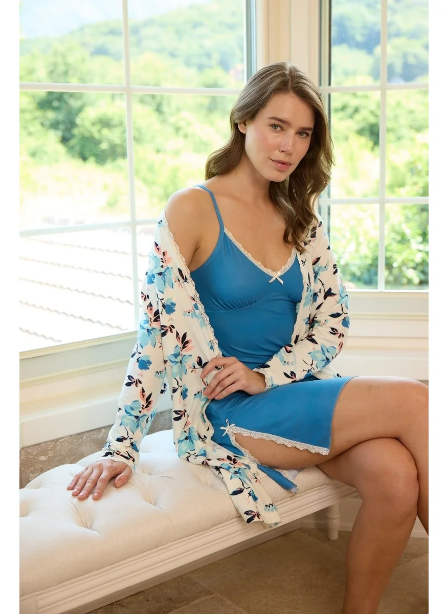 Bie'S Women's Floral Rope Strap Thin Lace Detailed Double Side Slit 2-Piece Mini Nightgown Dressing Gown-Dowry-