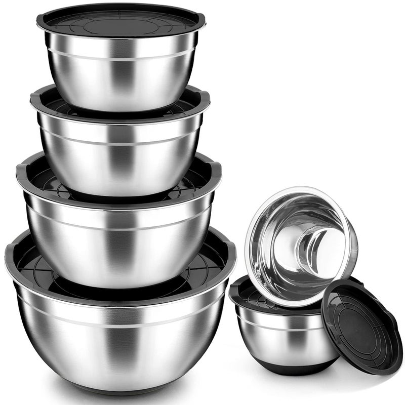 TeamFar TeamFar Mixing Bowls Black Mixing Bowls with Lids Set Stainless Steel Nesting Salad Bowl with Airtight Lid  Silicone Bottom Non Slip  Stackable  Set of 646262  151  07 Qt