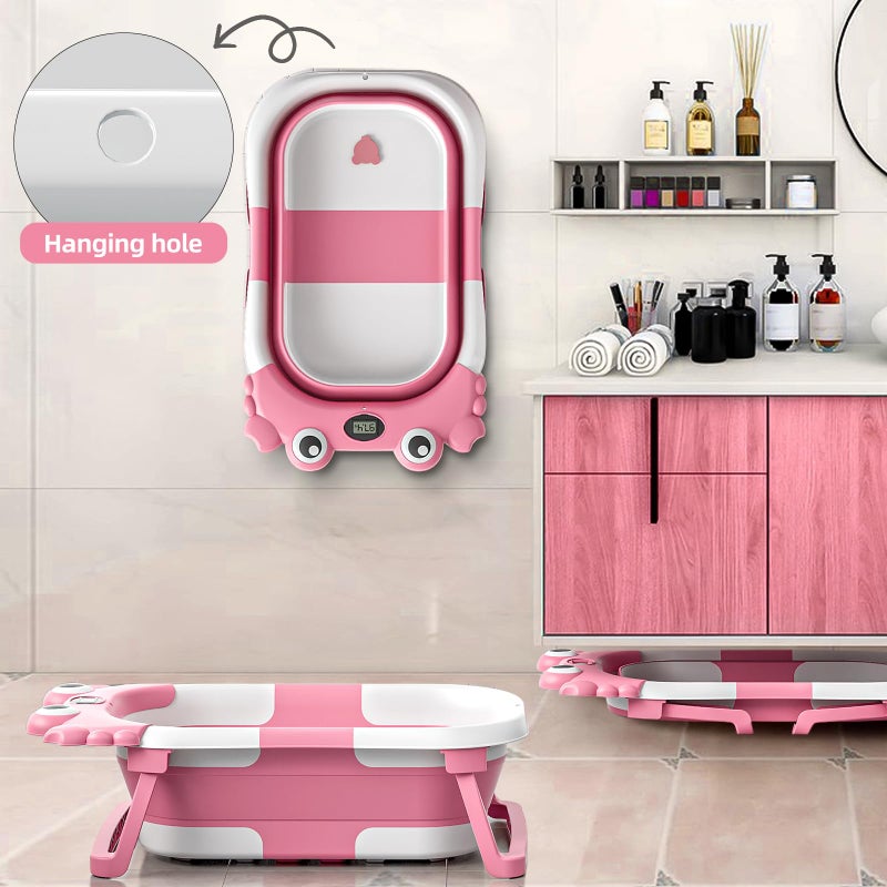 WyfKyd Collapsible Baby Bathtub for Newborns to Toddler with Real-time Temp Monitor & Floating Cushion,Portable Travel Tub for 0-36 Month, Foldable Baby Bath Tub for Infants Girl (Pink) - Image 3