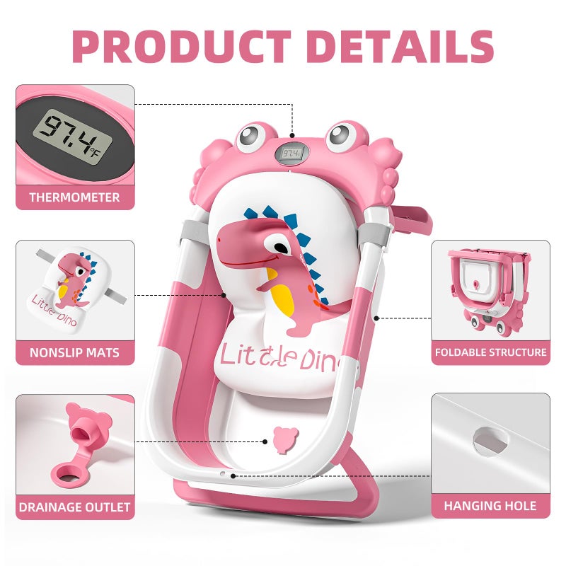 WyfKyd Collapsible Baby Bathtub for Newborns to Toddler with Real-time Temp Monitor & Floating Cushion,Portable Travel Tub for 0-36 Month, Foldable Baby Bath Tub for Infants Girl (Pink) - Image 4