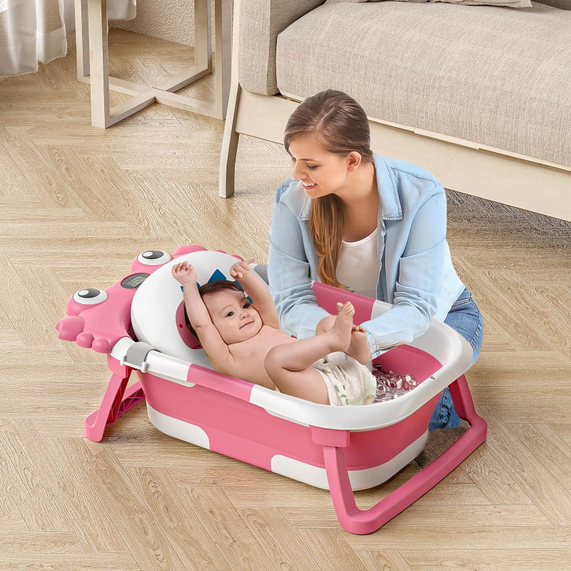 WyfKyd Collapsible Baby Bathtub for Newborns to Toddler with Real-time Temp Monitor & Floating Cushion,Portable Travel Tub for 0-36 Month, Foldable Baby Bath Tub for Infants Girl (Pink) - Image 5