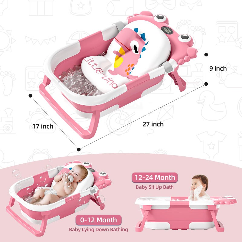 WyfKyd Collapsible Baby Bathtub for Newborns to Toddler with Real-time Temp Monitor & Floating Cushion,Portable Travel Tub for 0-36 Month, Foldable Baby Bath Tub for Infants Girl (Pink) - Image 2