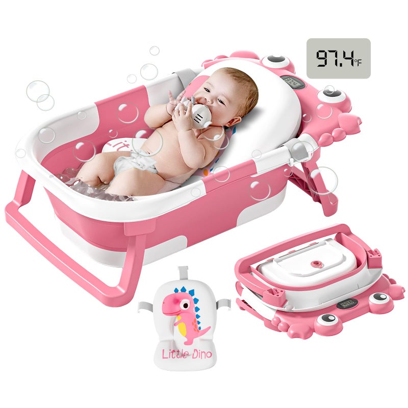 WyfKyd Collapsible Baby Bathtub for Newborns to Toddler with Real-time Temp Monitor & Floating Cushion,Portable Travel Tub for 0-36 Month, Foldable Baby Bath Tub for Infants Girl (Pink) - Image 1