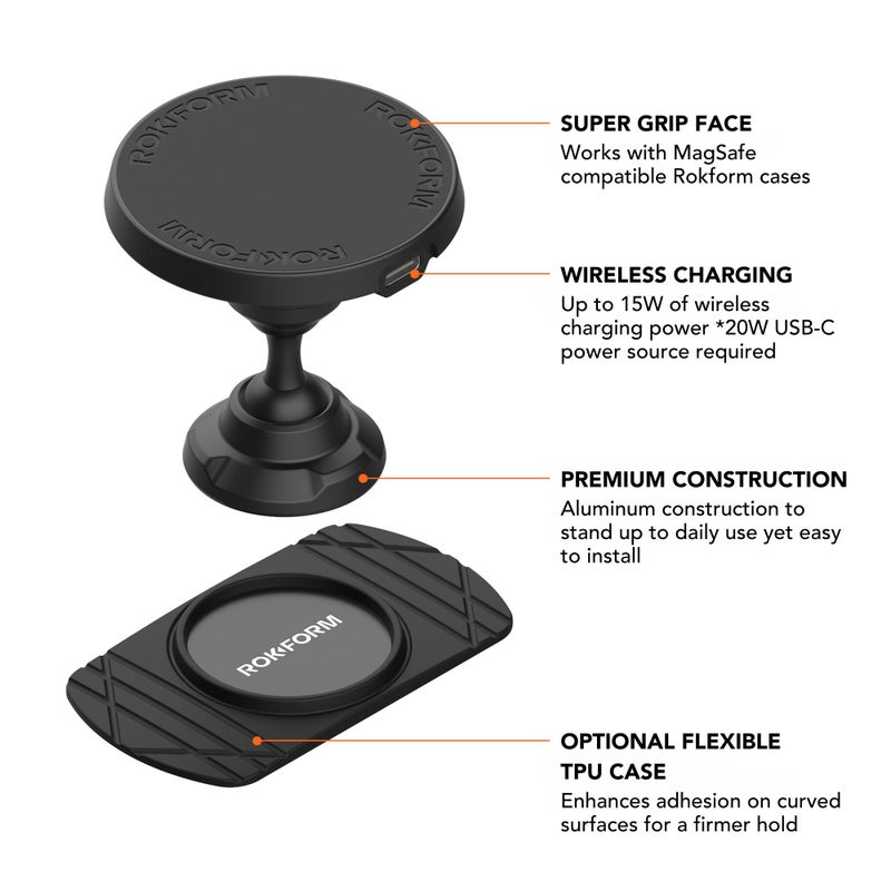 ROKFORM Wireless Car Charger, Magnetic Swivel Dash Mount, Compatible with Mag Safe Cases, Adhesive Phone Holder, USB-C to USB-C Cable Included (Black) - Image 2