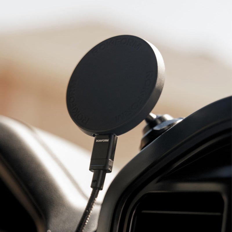 ROKFORM Wireless Car Charger, Magnetic Swivel Dash Mount, Compatible with Mag Safe Cases, Adhesive Phone Holder, USB-C to USB-C Cable Included (Black) - Image 4