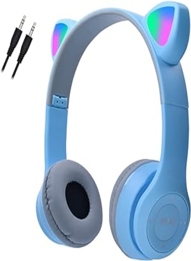 Kids Wireless Headphones, Megadream Bluetooth Over Ear Headphones with Microphone, Cat Ear LED Light Child Headset TF Card/Wired Foldable Earphones for Girls Boys Gift Age 7+(Blue) 