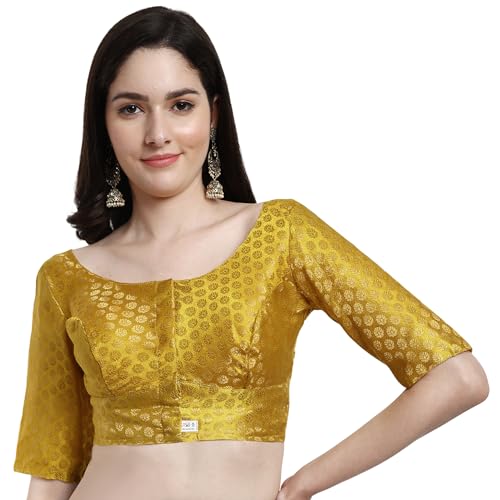 JISB Women's Brocade Round Neck Elbow Sleeve Blouse (42, Yellow) - Image 1