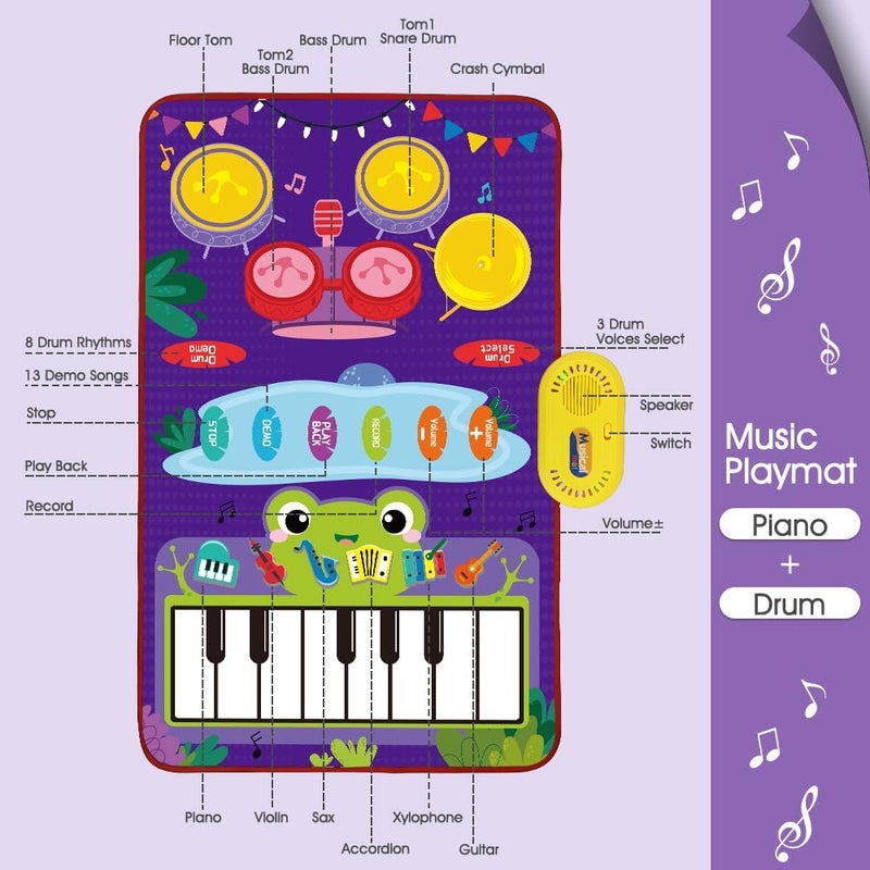 Baby Music Mat for Boys Girls Gift, Baby Toys 2-in-1 Toddler Musical Toys Piano Keyboard Drum Mat with 2 Sticks, Early Education Learning Floor Blanket for 1 2 3 4 5 6 Year Old Kids Birthday Present - Image 2
