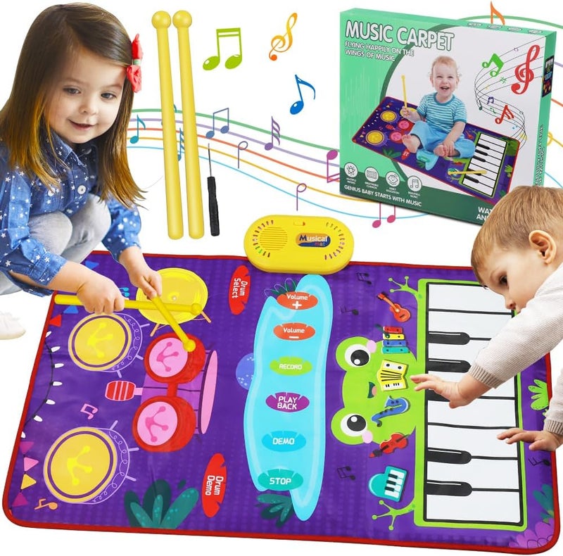 Baby Music Mat for Boys Girls Gift, Baby Toys 2-in-1 Toddler Musical Toys Piano Keyboard Drum Mat with 2 Sticks, Early Education Learning Floor Blanket for 1 2 3 4 5 6 Year Old Kids Birthday Present - Image 1
