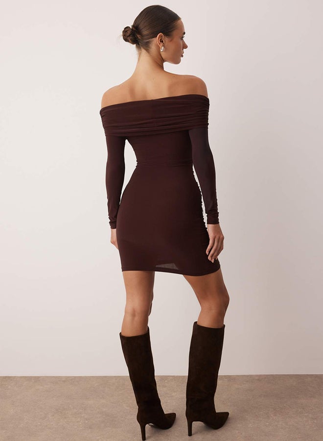 trendyol Brown Straight Carmen Collar Bodycone/Fitted Ribbed Stretchy Mini Knitted Dress - Image 4